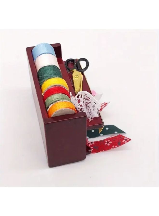 Mahogany Miniature Dollhouse Sewing Tool Box With Scissors Ruler And Needle Holder - Image 5